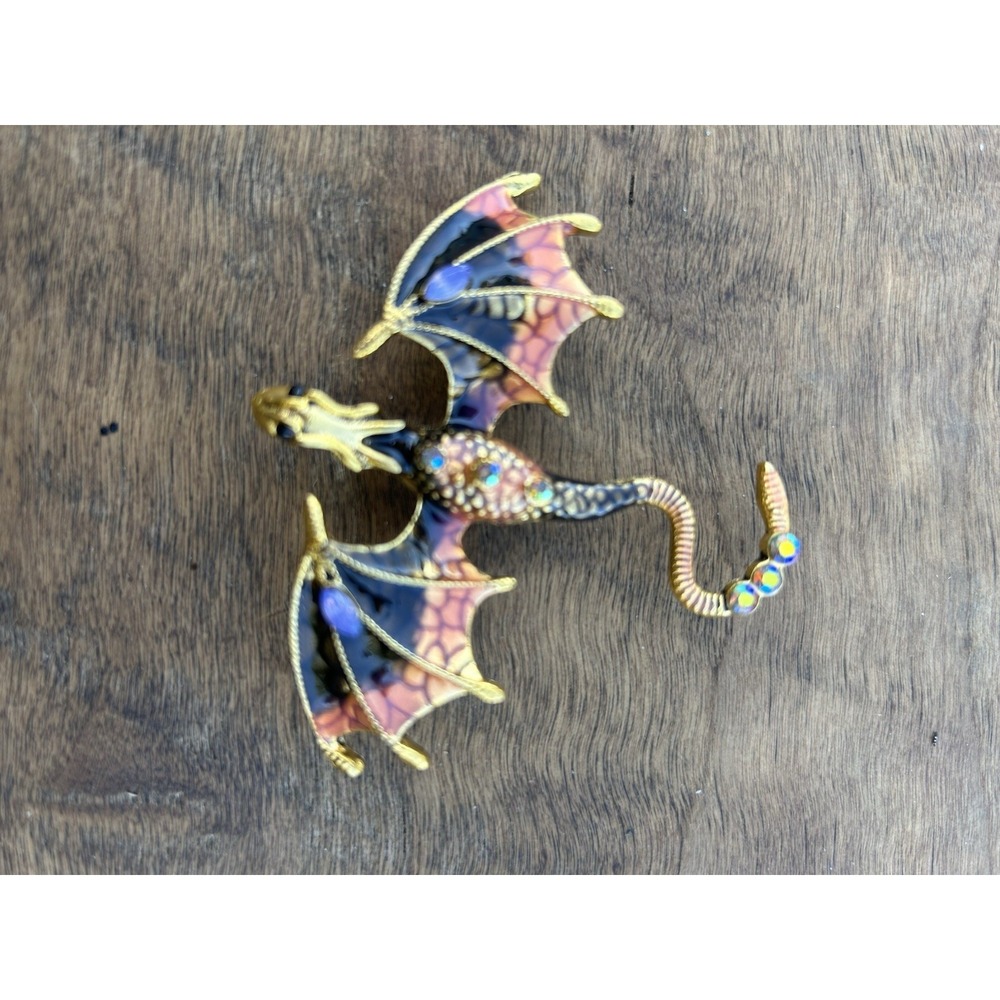 Large Dragon Brooch Gold Tone Pink Enamel Rhinestone Fantasy Statement Pin